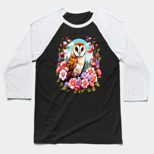 Cute European Barn Owl Surrounded by Bold Vibrant Spring Flowers Baseball T-Shirt